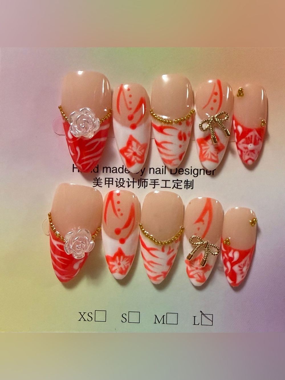 Nude & Coral Floral Press-On Nail Set with Gold Accents